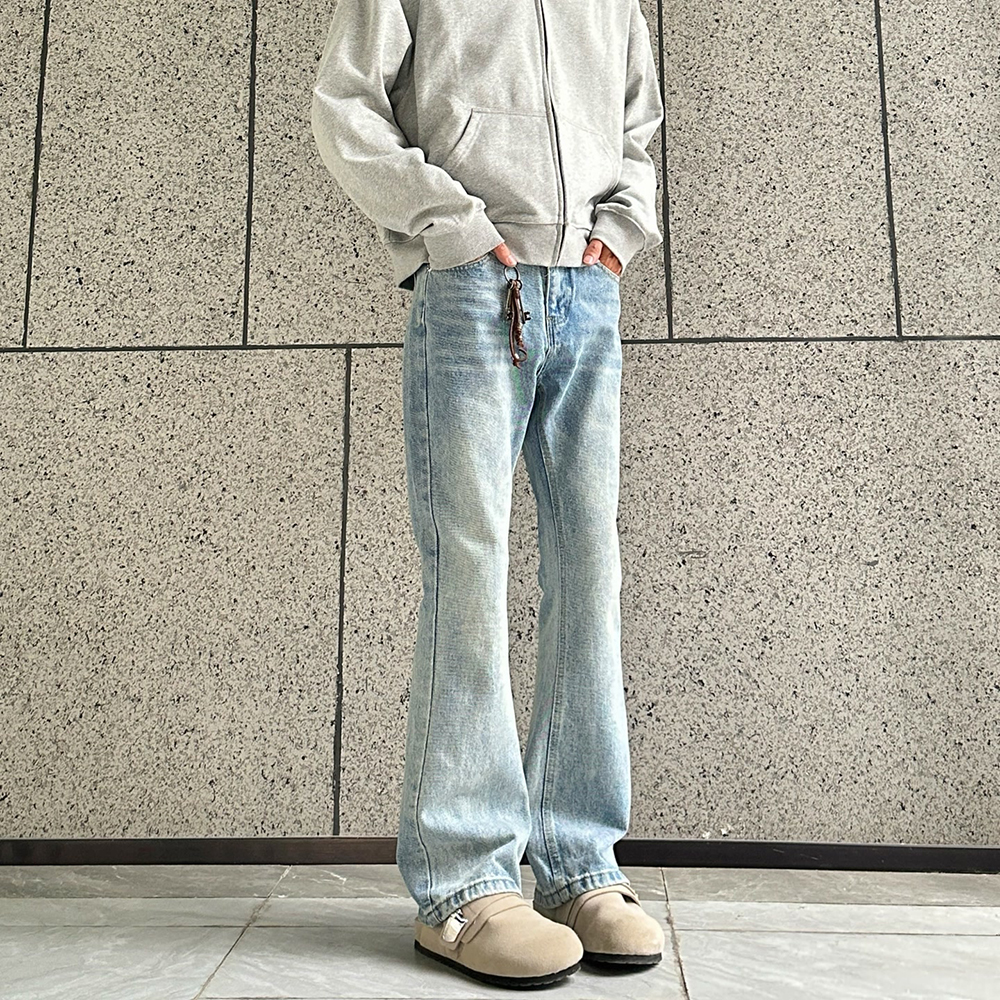 春季新款复古潮牌做旧直筒微喇牛仔裤男ins美式宽松百搭显瘦裤子