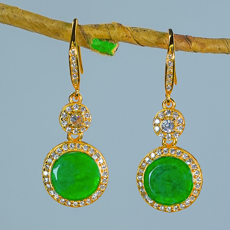 精致百搭豪镶银镶嵌天然满绿翡翠A货大小圆牌耳环耳坠耳钩