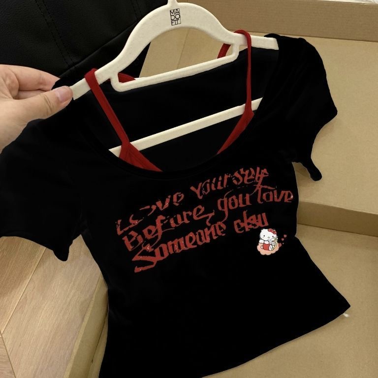 女短款短袖甜辣风印花猫速干T恤小众黑色【A区套装】7177 套装
