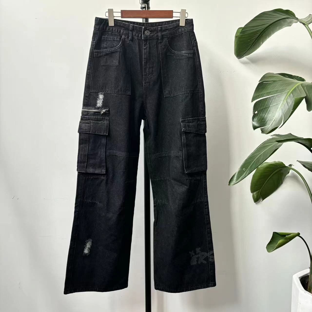 H-7 2024早秋季新品美式阔腿高街破洞做旧牛仔裤17066