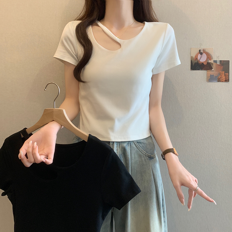 X大码镂空正肩女士短袖t恤2025新款夏季胖mm短款显瘦上衣洋气遮肉