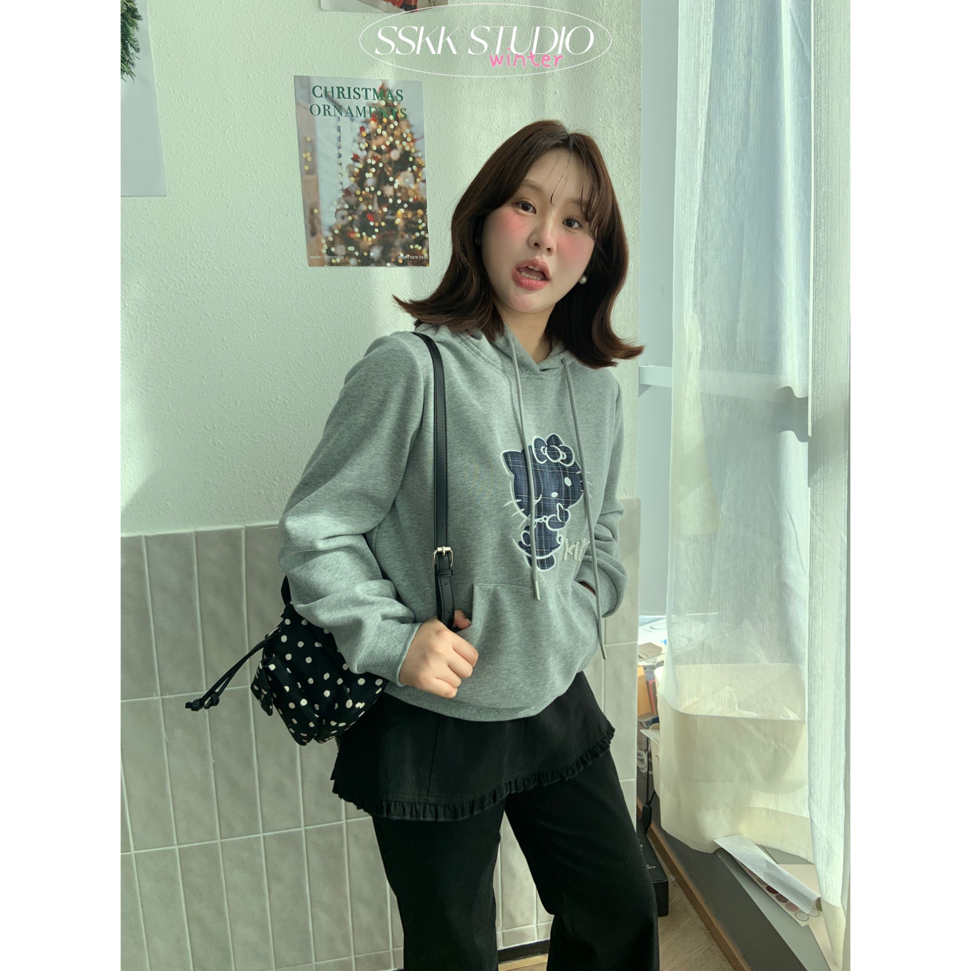 KMZY/KMZY山_山【慵懒冬日】微胖韩系休闲刺绣格子kt加绒连帽卫衣女