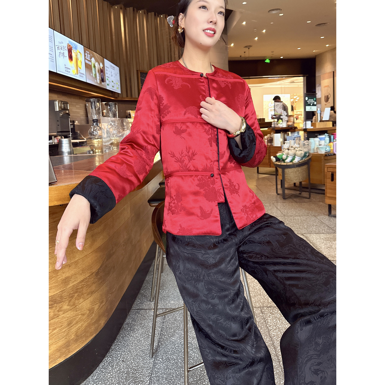 【深圳罗依】原创真丝棉衣女桑蚕丝提花圆领新中式正反两面穿棉服