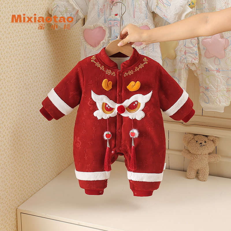 冬款红色小舞狮夹棉周岁服满月宴哈衣连体衣婴儿衣服宝宝外出服