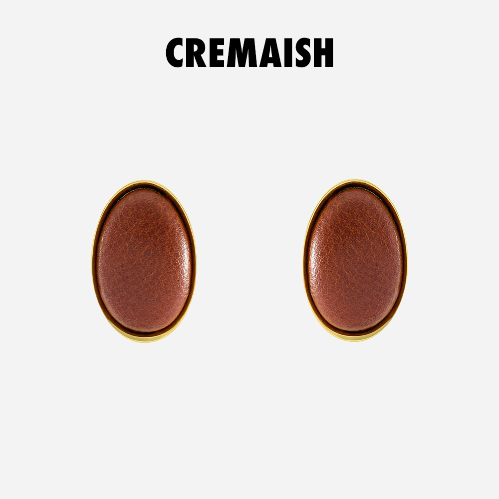 CREMAISH 黄铜皮质耳饰 贴皮曲面耳钉 小众设计曲面造型椭圆耳钉