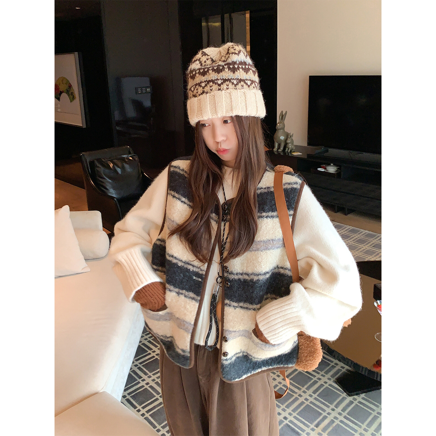 曾小咸 韩系巨好看条纹马甲外套女秋冬外穿ZA54MJH0080