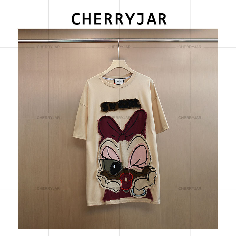 Cherryjar【25153】运动卡通米妮贴布刺绣短袖休闲情侣夏季宽松潮流