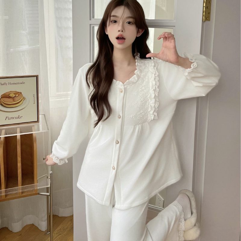 海岛绒冬季睡衣女士韩式蕾丝花边家居服复古精致双面绒睡衣学院