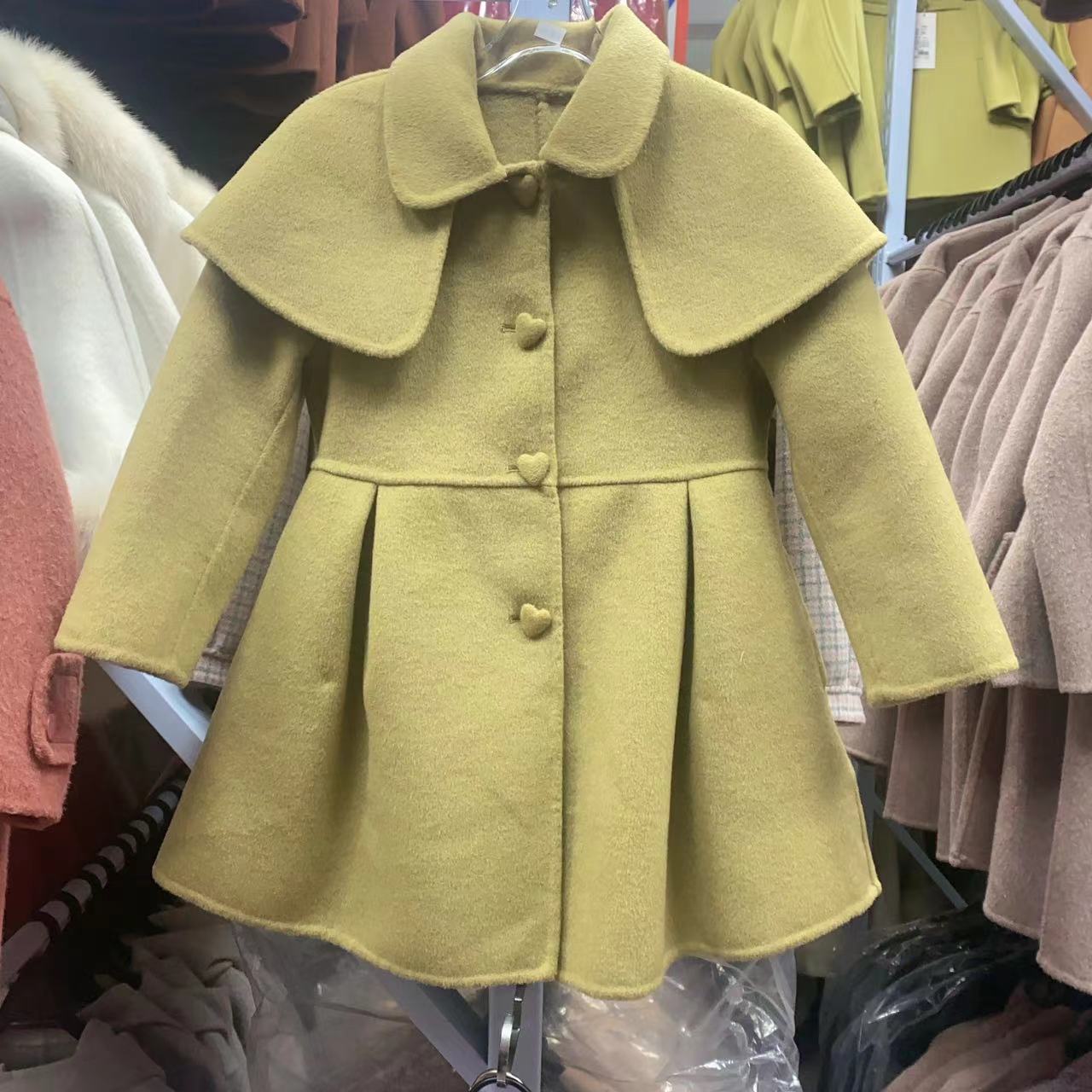 芥末绿收身版披肩可拆童装双面羊毛大衣-123