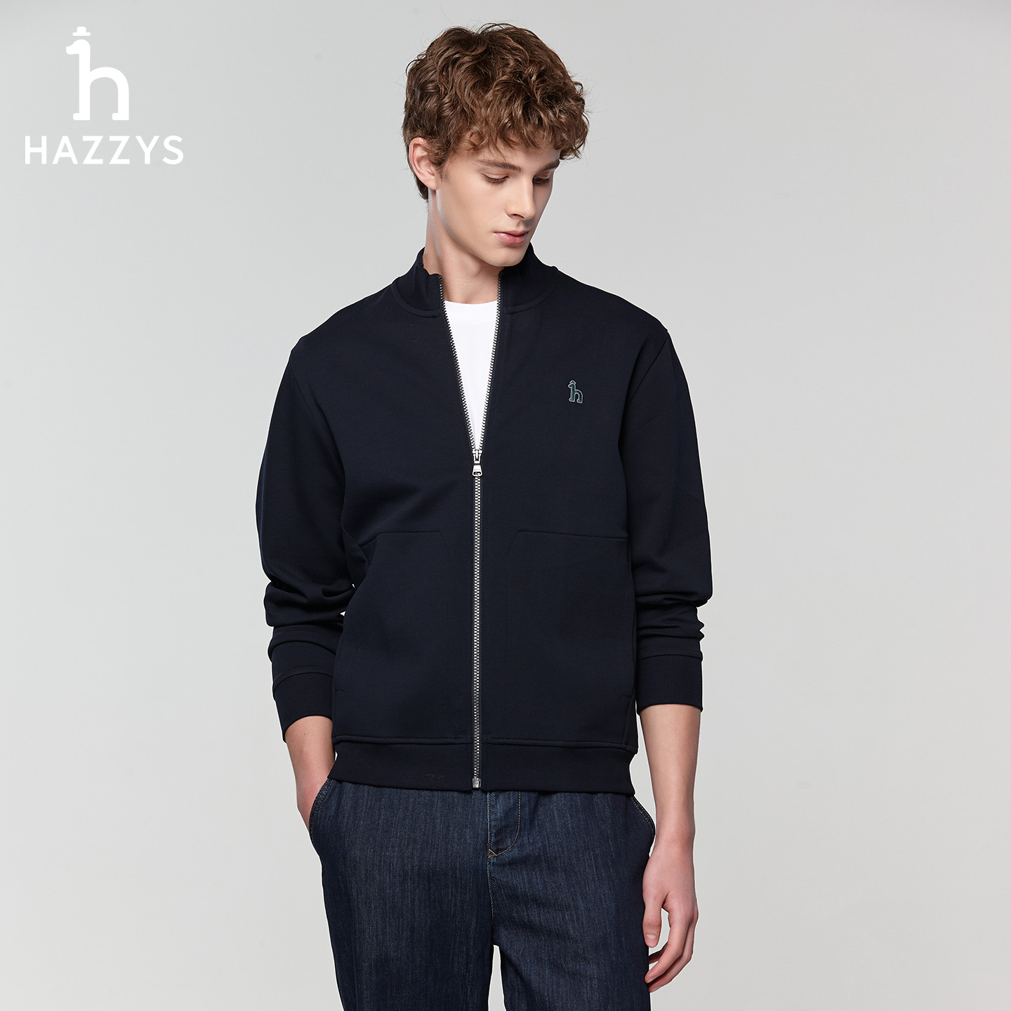 HAZZYS哈吉斯春秋季时尚休闲夹克衫男士立领针织潮流运动外套男子