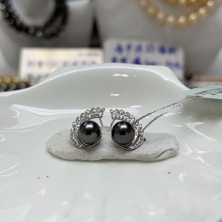 海水珍珠漏大溪地麦穗耳钉8-9mm银S925镶嵌