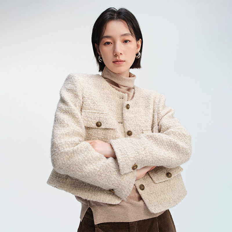 【折客优品】圆领圈圈呢短外套女韩版复古优雅通勤百搭长袖毛呢上衣