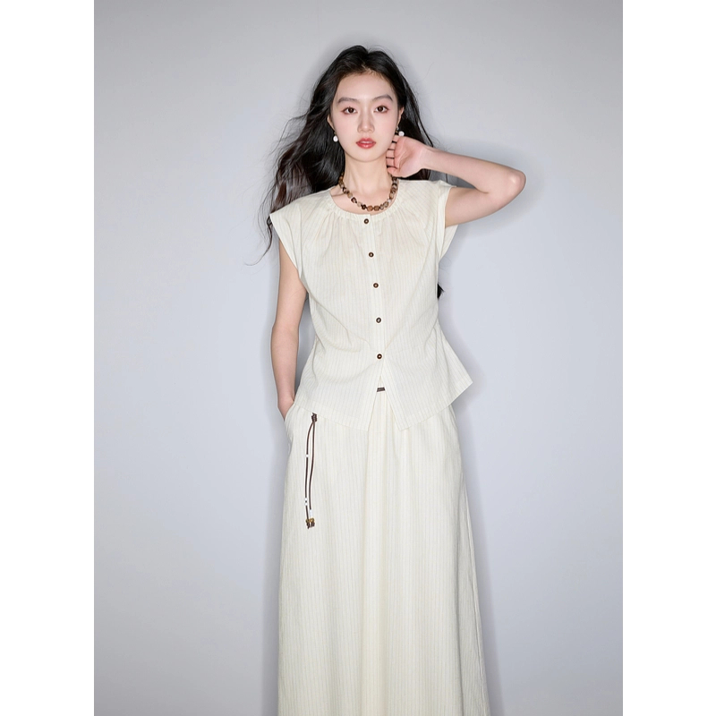 彩家折扣 夏季新款条纹套装圆领上衣松紧腰半身裙两件套通勤S