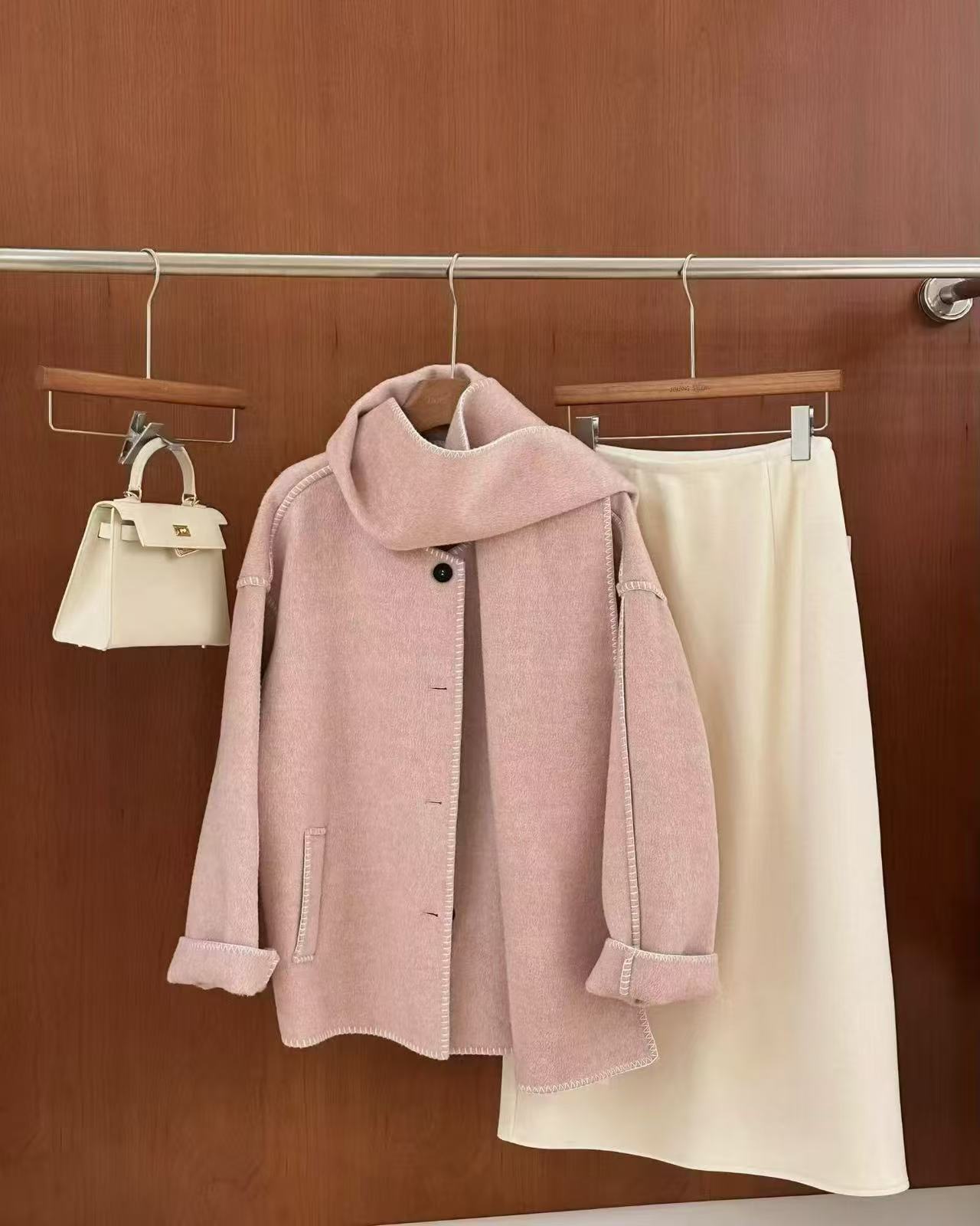 【济州岛】设计师品牌 双面明线羊绒大衣+围巾两件套