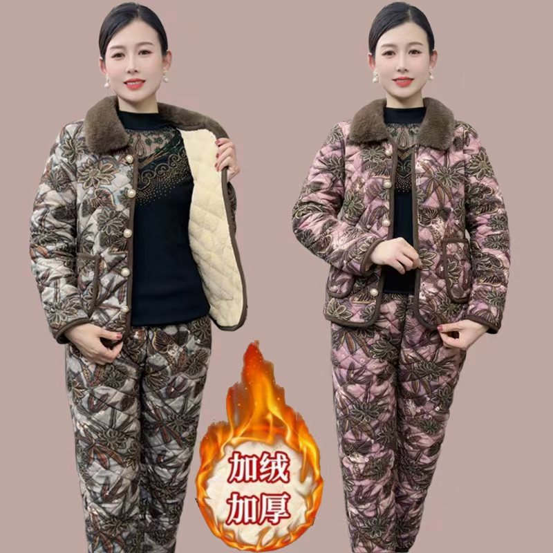 妈妈冬装两件套加绒加厚家居服中老年女装冬季棉衣棉裤花棉袄套装