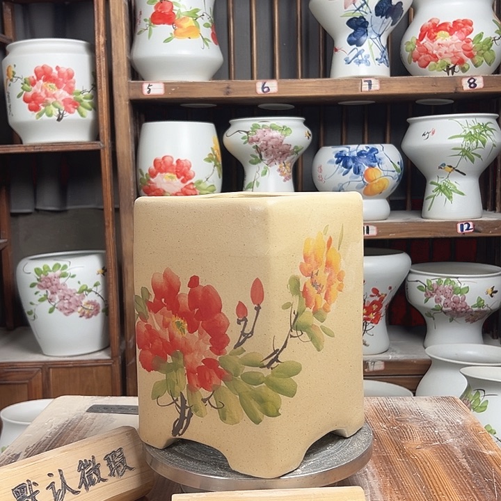 摆件四方盆陶泥牡丹新款陶瓷陶瓷