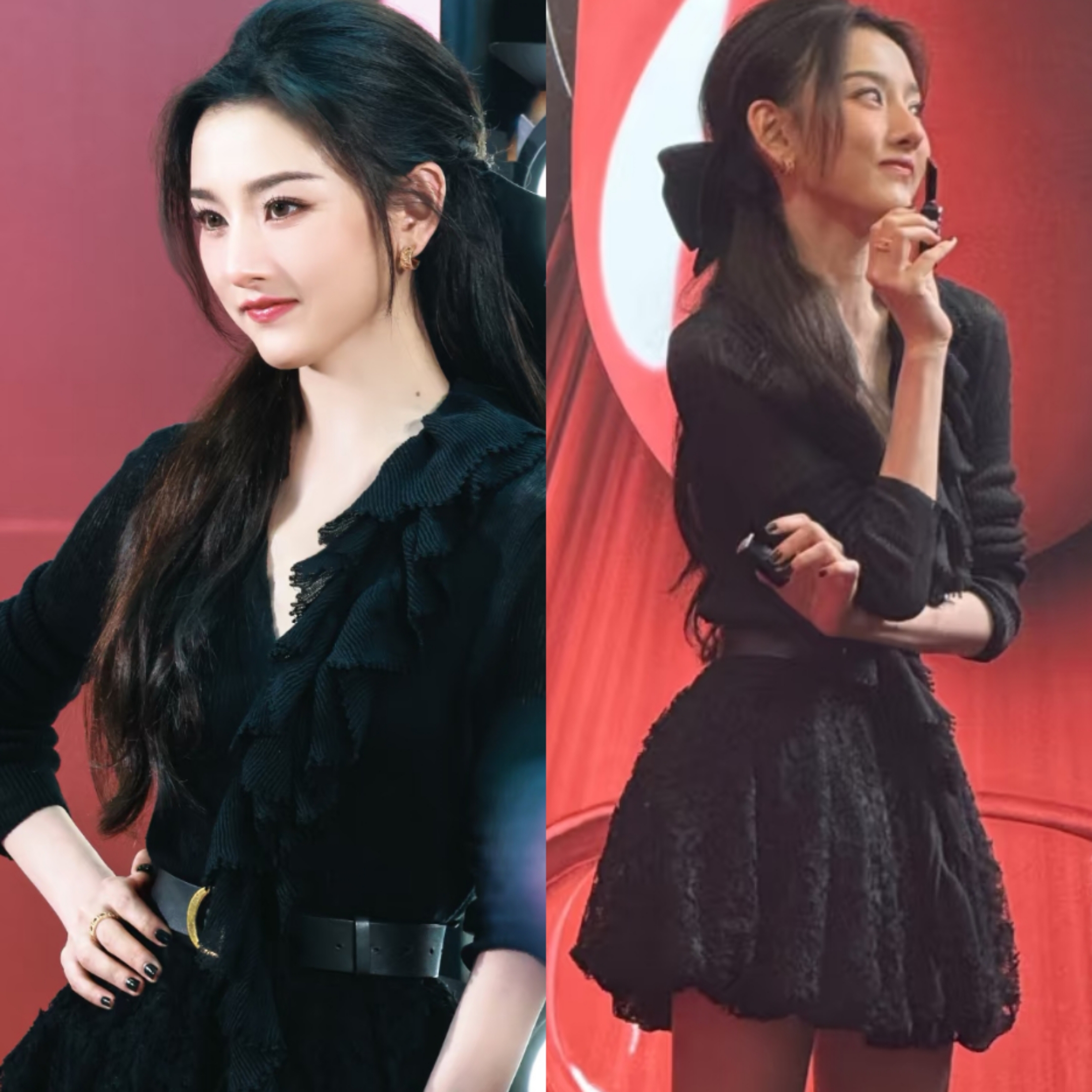 宋祖儿明星同款黑色V领长袖针织衫上衣女2025早秋显瘦半身裙套装
