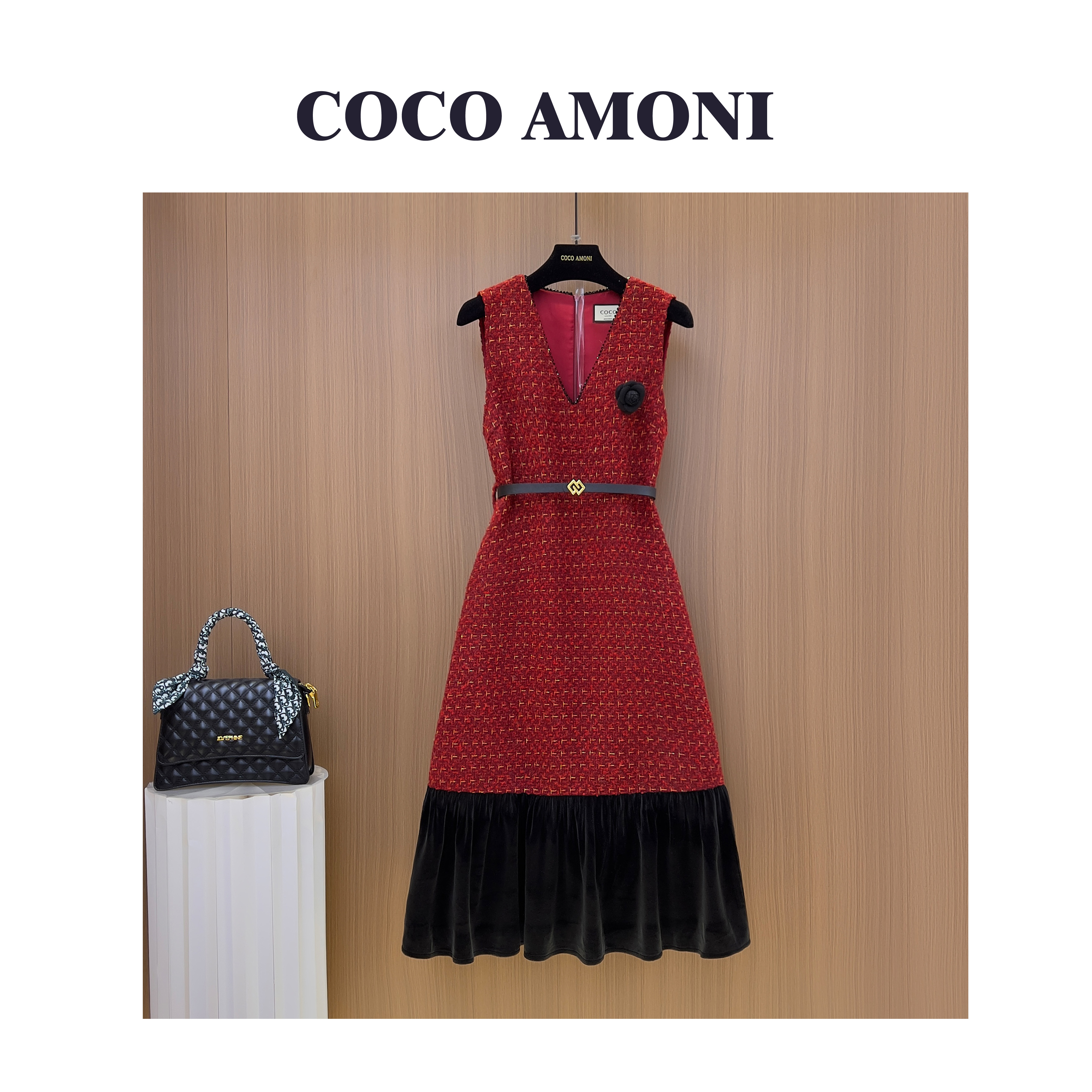 [曼姐]秋冬季时尚设计师爆款女装拼接显瘦遮胯气质连衣裙WXH1279