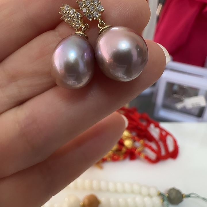 耳饰淡水珍珠银S925镶嵌11左右椭圆有纹岁末价