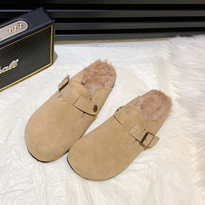 3公分加绒真皮勃肯鞋秋冬半拖外穿一脚蹬包头低帮加绒女凉鞋真皮