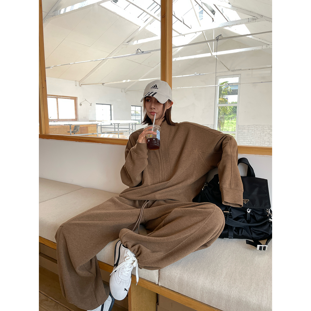 JCCC影子【暖咖假日】咖色半拉链立领廓形卫衣休闲卫裤套装JE5BBZ14