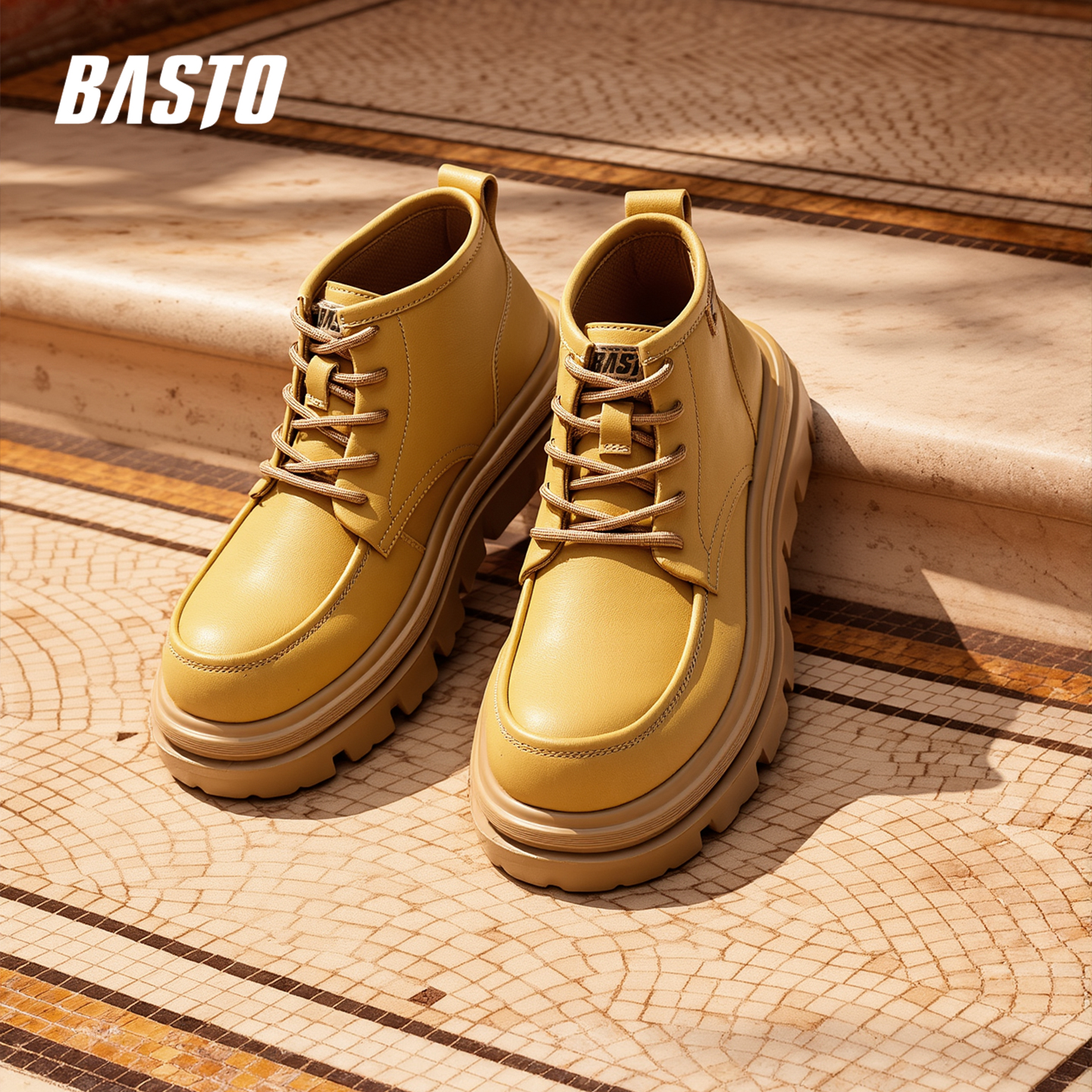 百思图高帮防滑百搭潮流冬季男鞋系带中帮耐磨防水马丁靴大黄靴