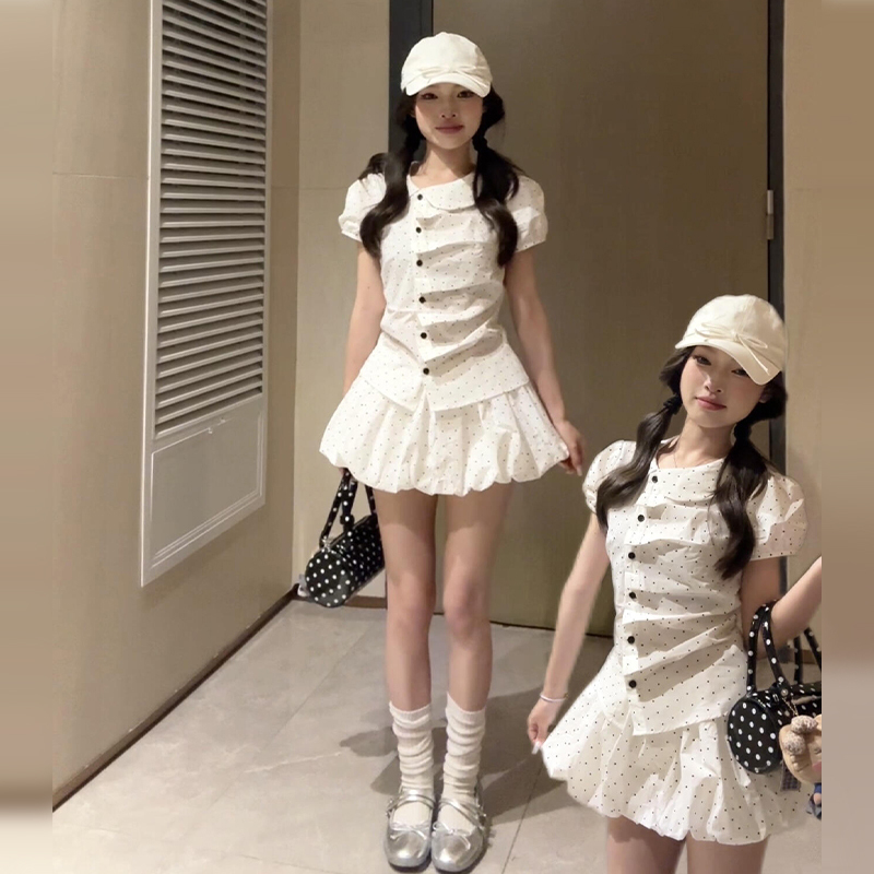 法式白色波点娃娃领连衣裙子女漂亮绝美小个子花苞短裙套装3654