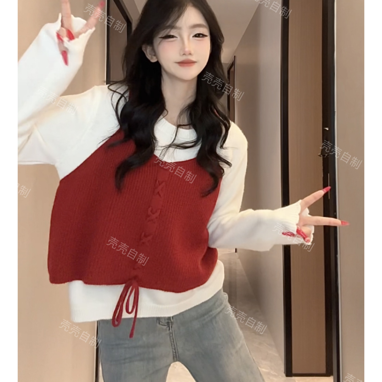 慵懒风休闲针织吊带背心两件套女早秋新款宽松叠穿百搭毛衣上衣