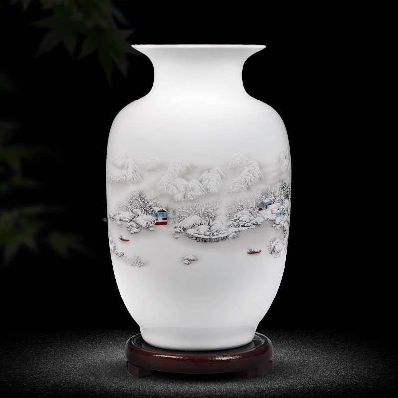 景德镇瓷器小花瓶陶装饰品摆件雪景冬瓜瓶客厅插花中式家居工艺品
