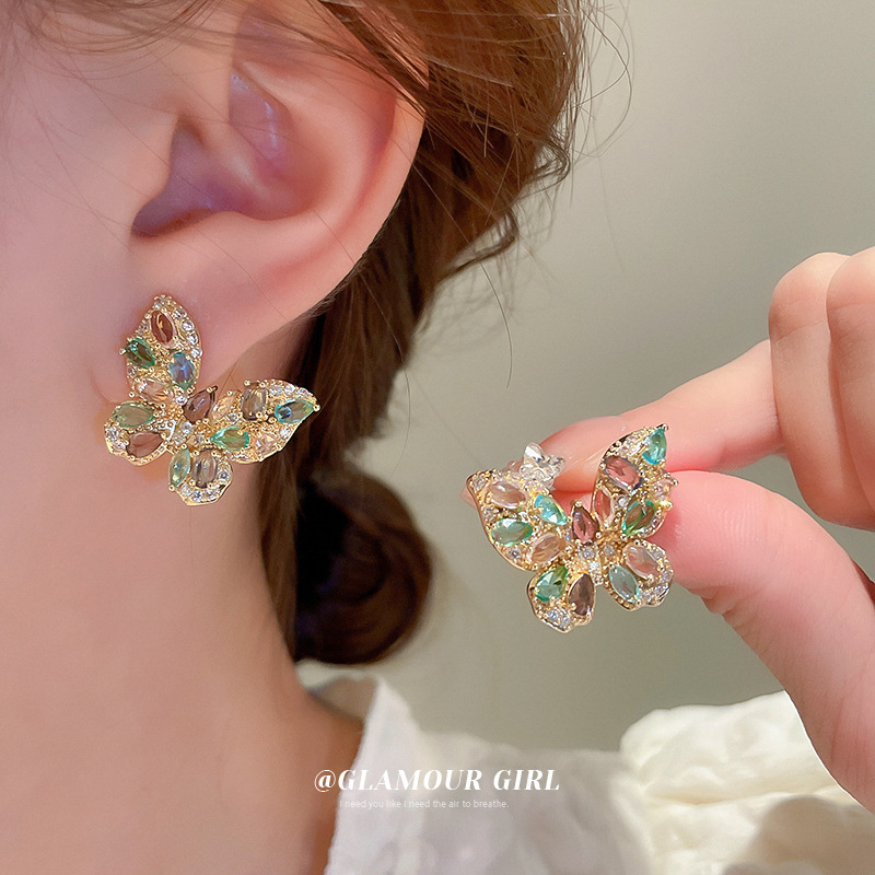 铜合金耳饰 #098【庄生梦】银针彩色锆石蝴蝶耳环法式复古轻奢耳钉
