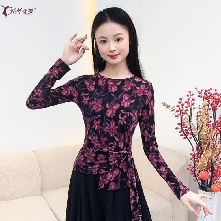 中国古典舞民族舞印花修身绑带显瘦长袖上衣成人现代舞练功服女秋