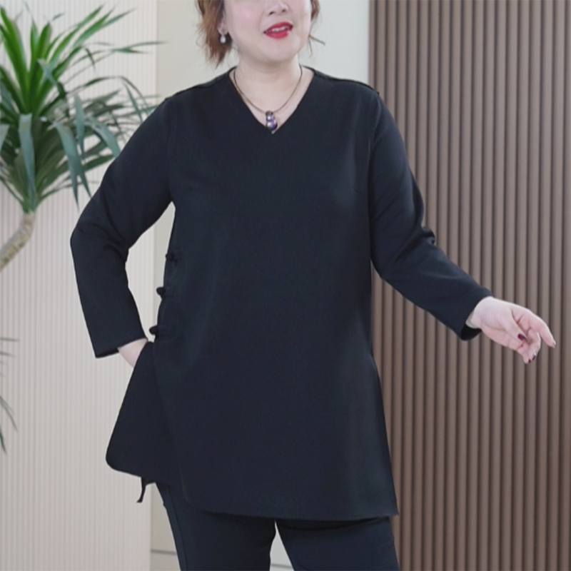 铜氨新中式侧开叉大码气质显瘦立体剪随心裁盘扣复古国风T恤女