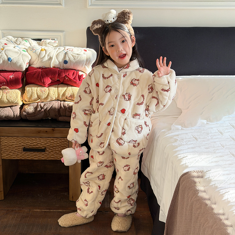 【三层加厚夹棉】抗寒力直接拉满男女童蚕丝棉卡通家居服套装25K017