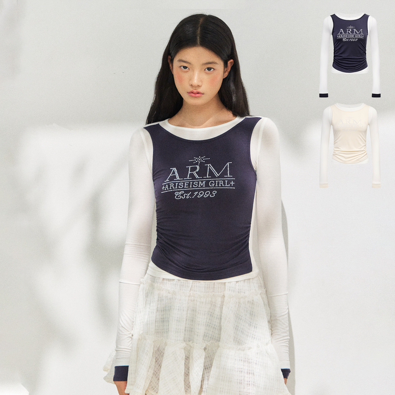 Ariseism 美式复古双色假两件长袖t恤女秋季新款修身上衣