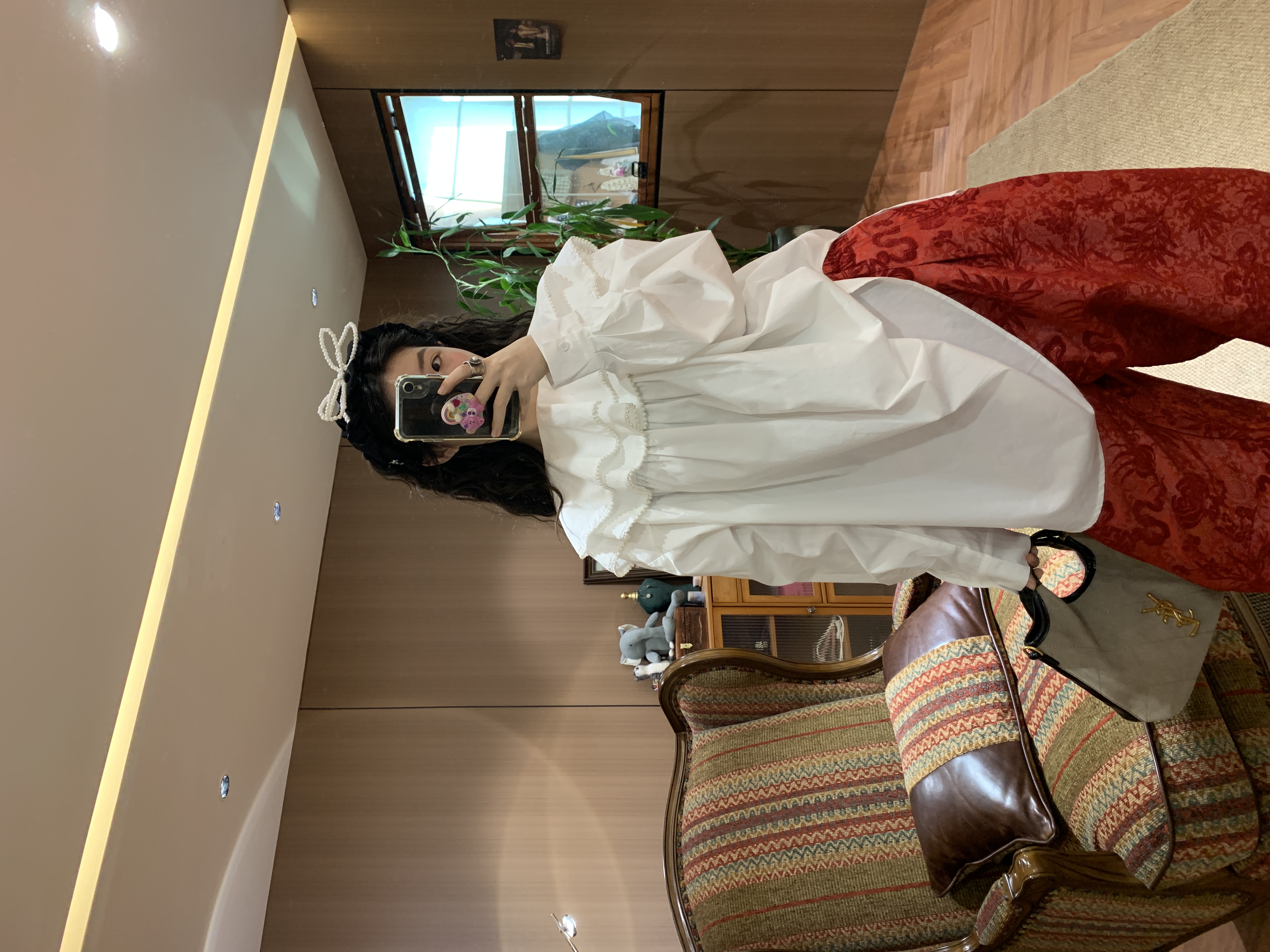 InaChou四季通用全棉韩版娃娃领重工珍珠宽松慵懒风衬衫白色衬衣