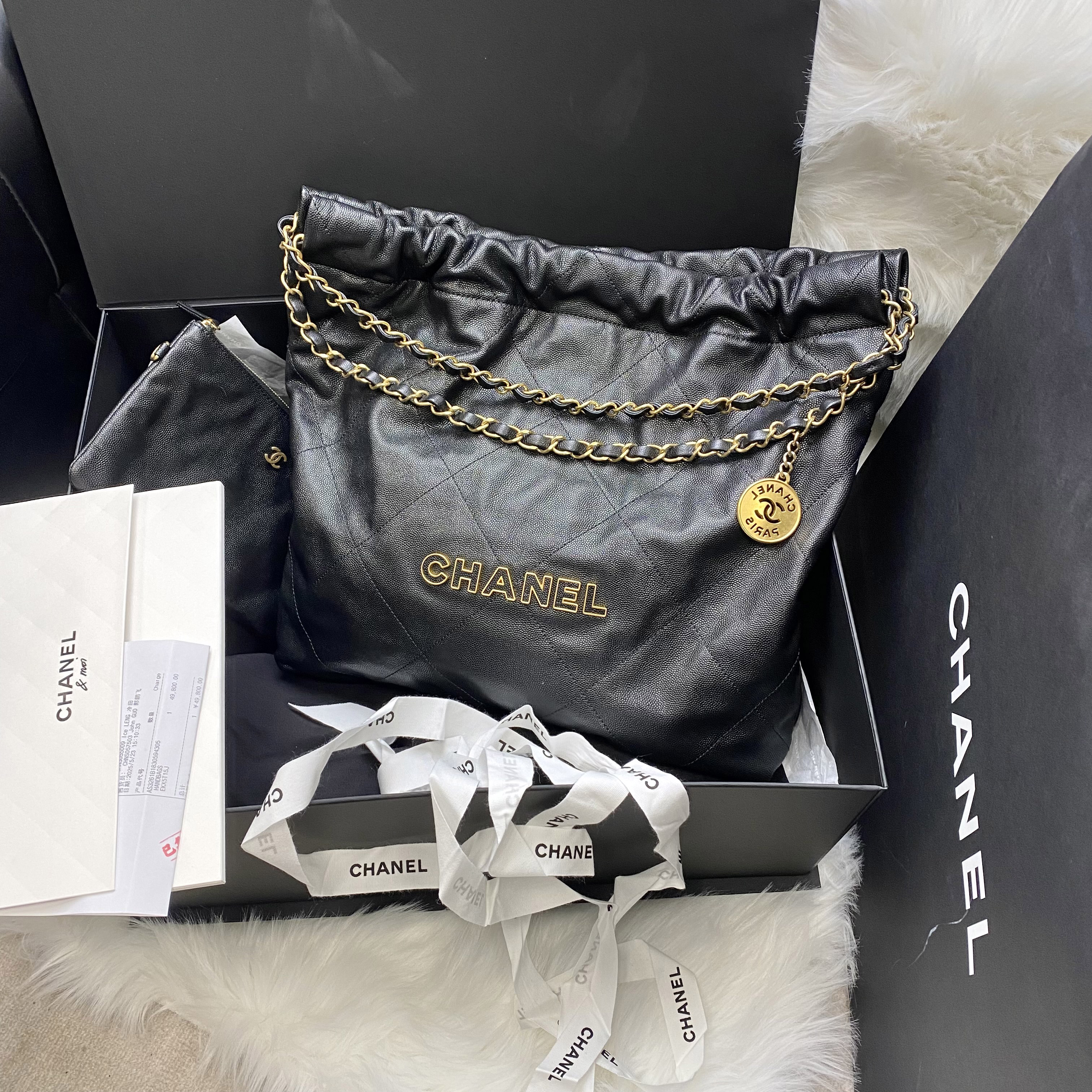 99新 Chanel/香奈儿 香奈儿 22bag垃圾袋中号 荔枝纹 手提单肩