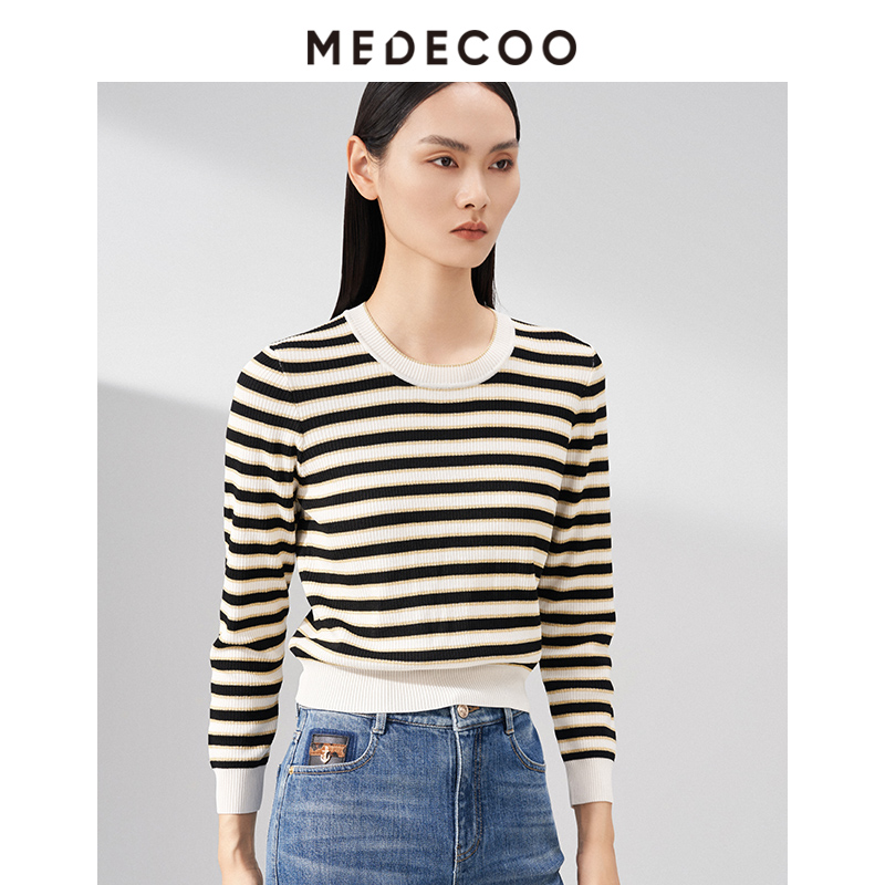 MEDECOO/墨蒂珂新款女装条纹针织衫显瘦短款针织打底衫MHC40313
