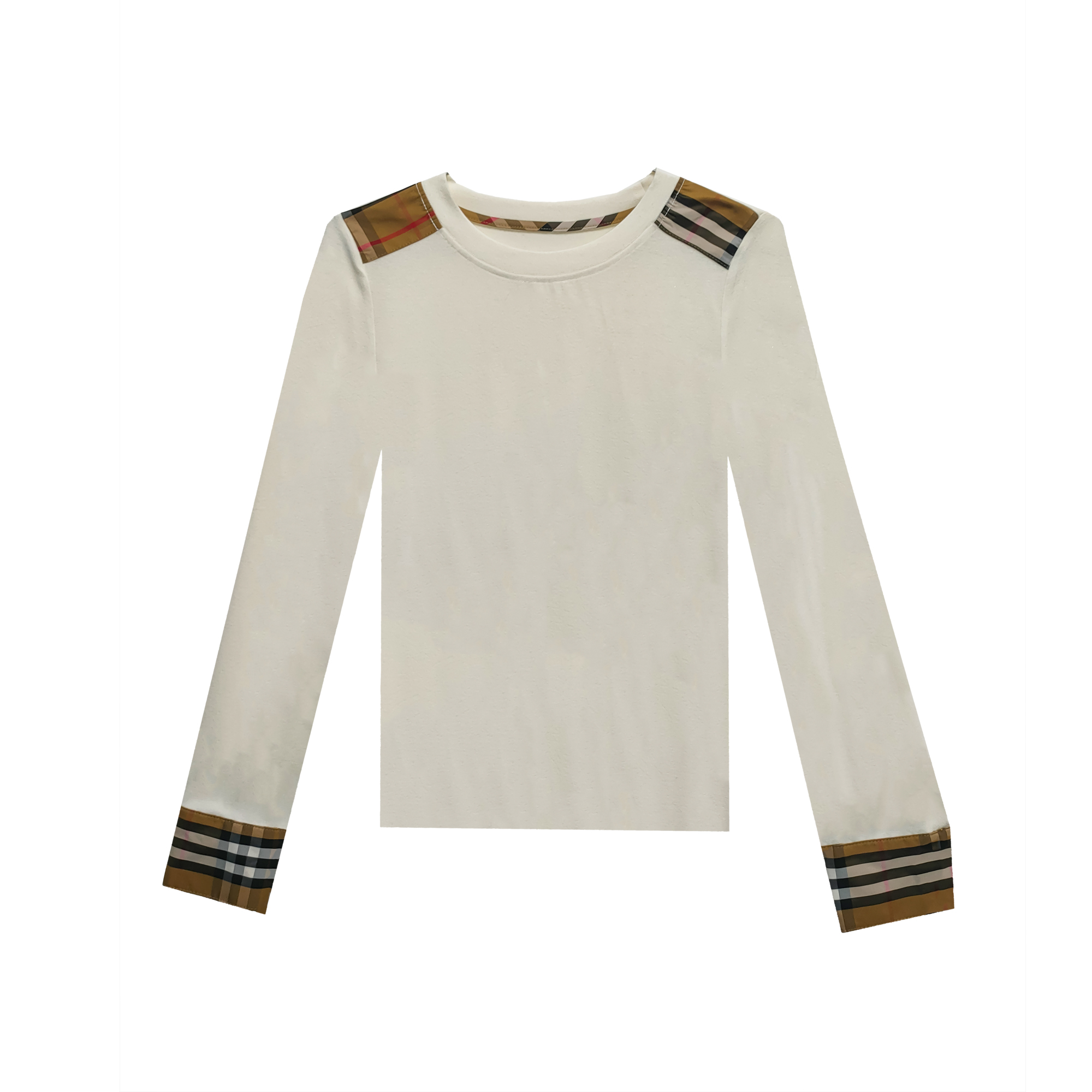 白色印花圆领拼接长袖女格子气质百搭秋季打底衫