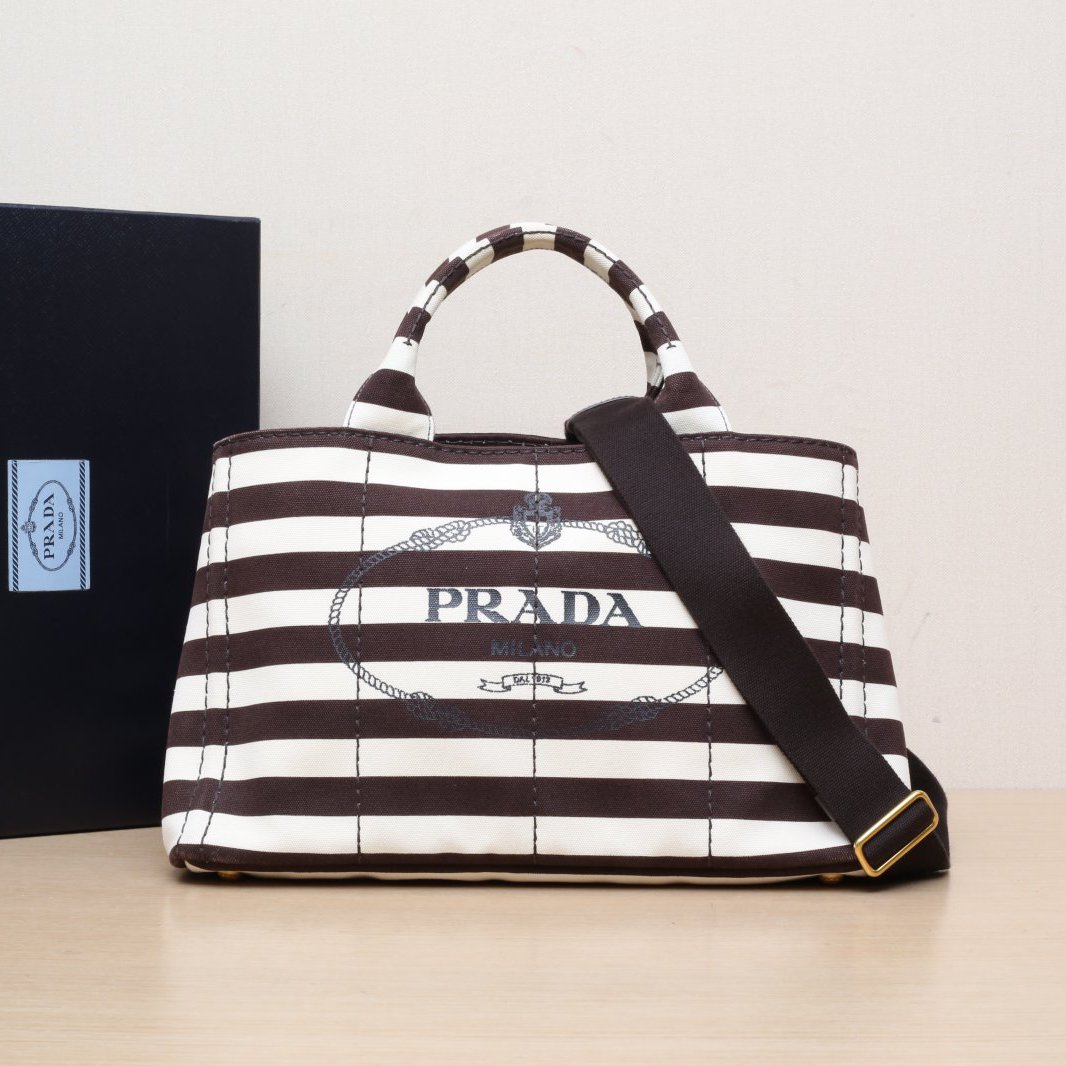 95新 Prada/普拉达 小花Jerry活动拼色 帆布 金扣 斑马条纹沙滩包