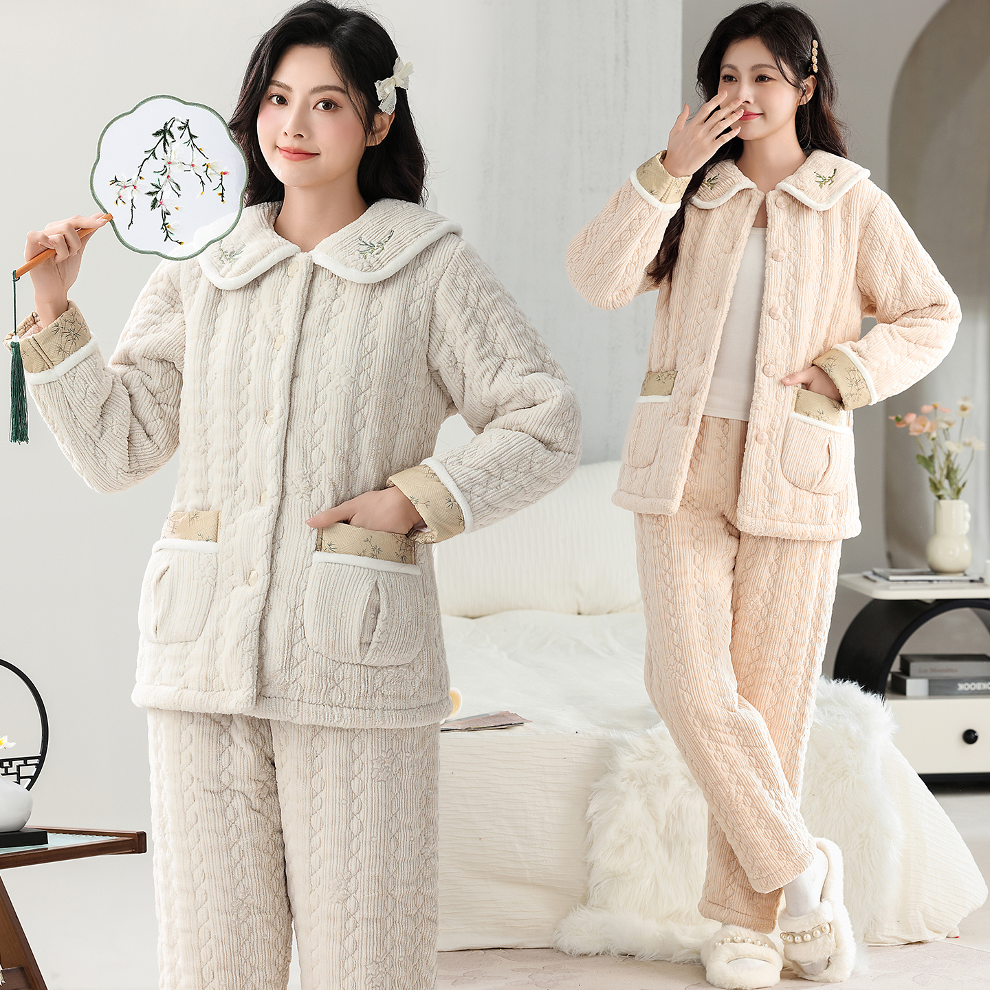 玉狐绒睡衣女冬季三层夹棉加绒加厚加绒保暖居家服可外穿2025新款