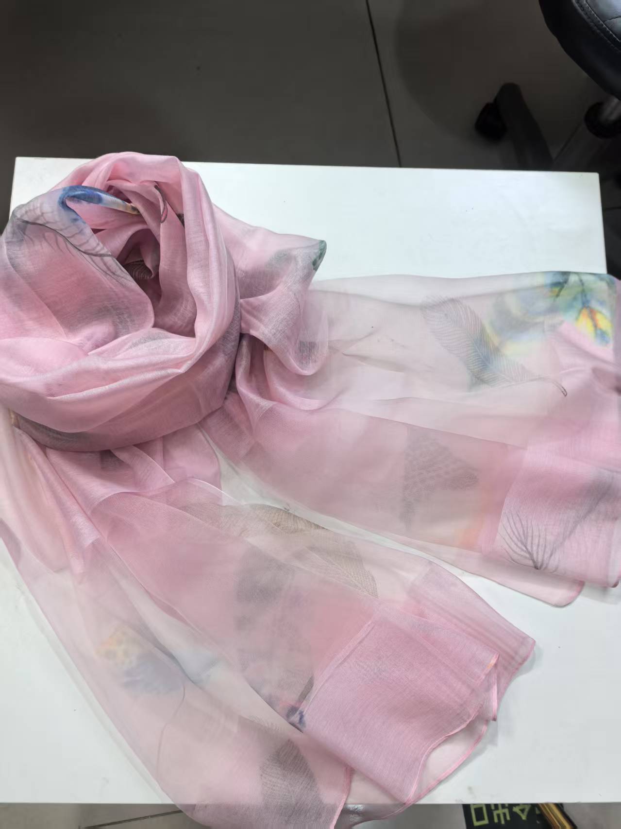 C276 羽毛粉水墨印花 桑蚕丝羊毛围巾丝巾时尚 百搭围巾 80*190 C