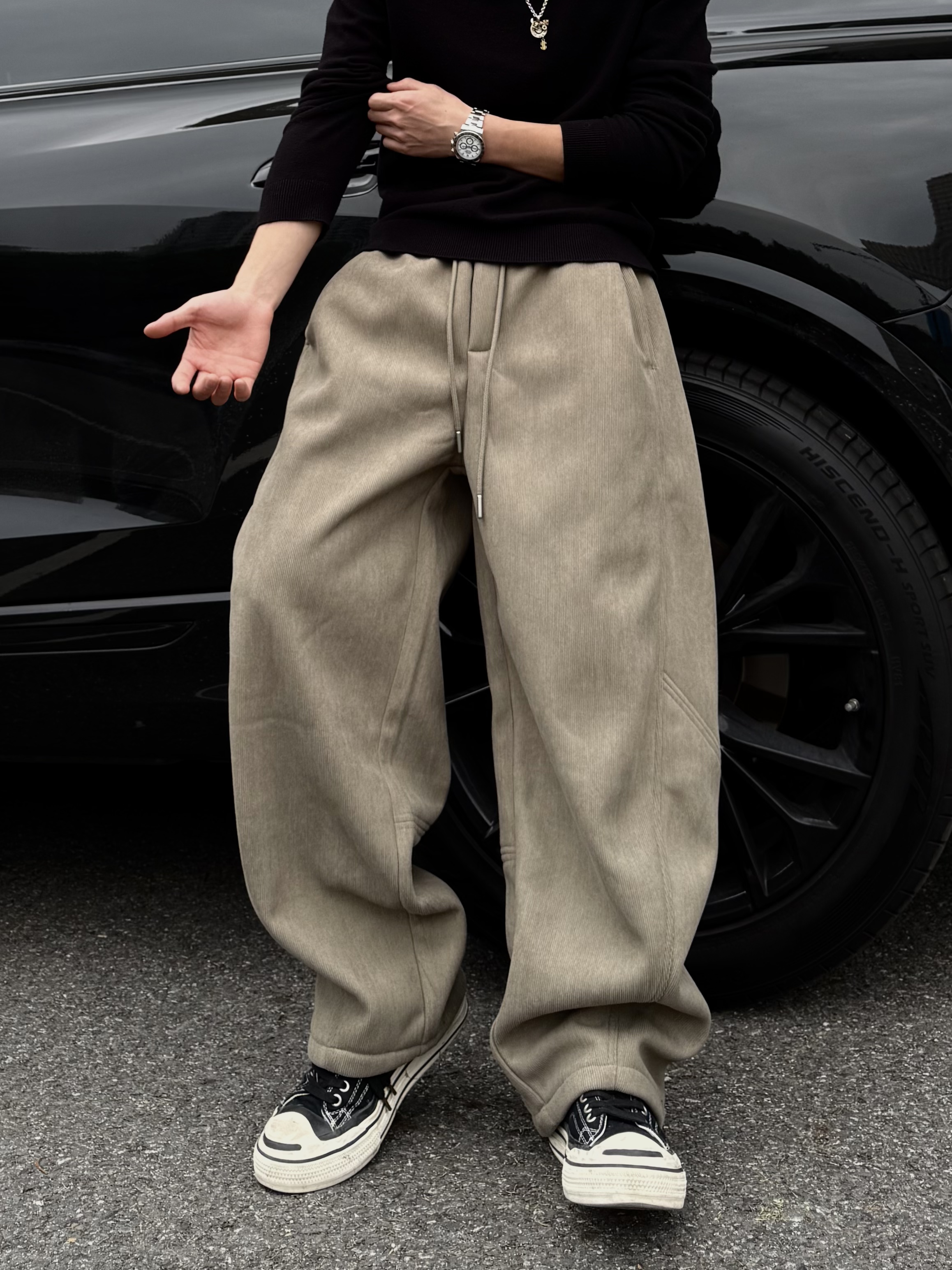 AAL冬季休闲百搭男士阔腿木棉绒男士宽松弹力加厚加绒休闲裤裤子