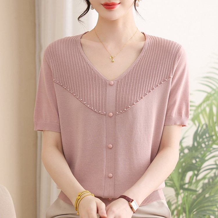 夏季上新薄款针织衫套头短袖V领新中式通勤洋气2563