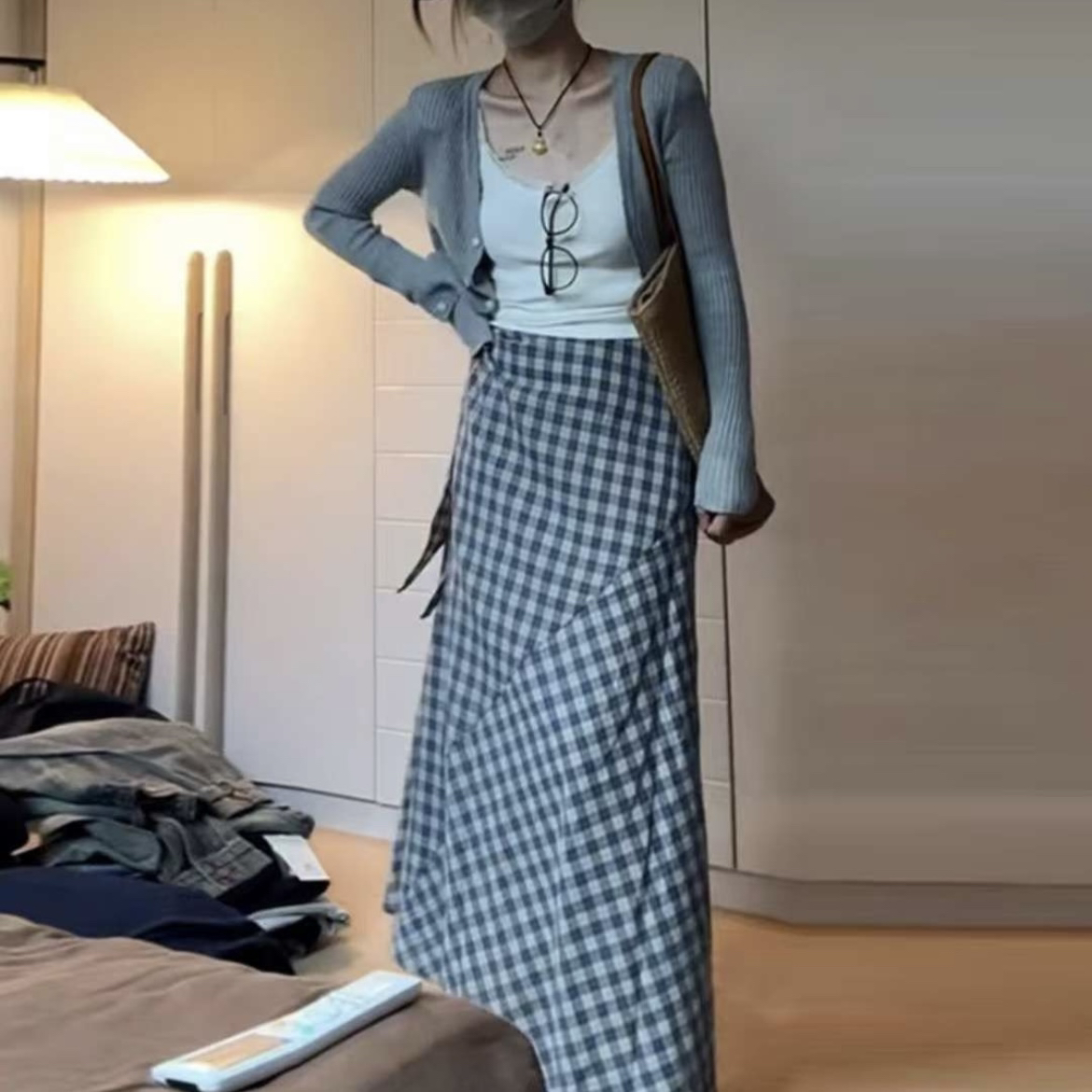 初秋韩系氛围感穿搭格子半身裙子女春季2025新款小个子长裙套装裙