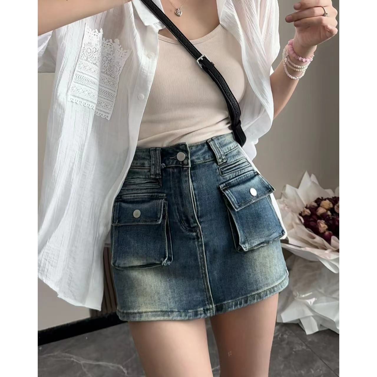 【9038】复古牛仔裤裙高腰显瘦弹力包臀修身设计夏季新款