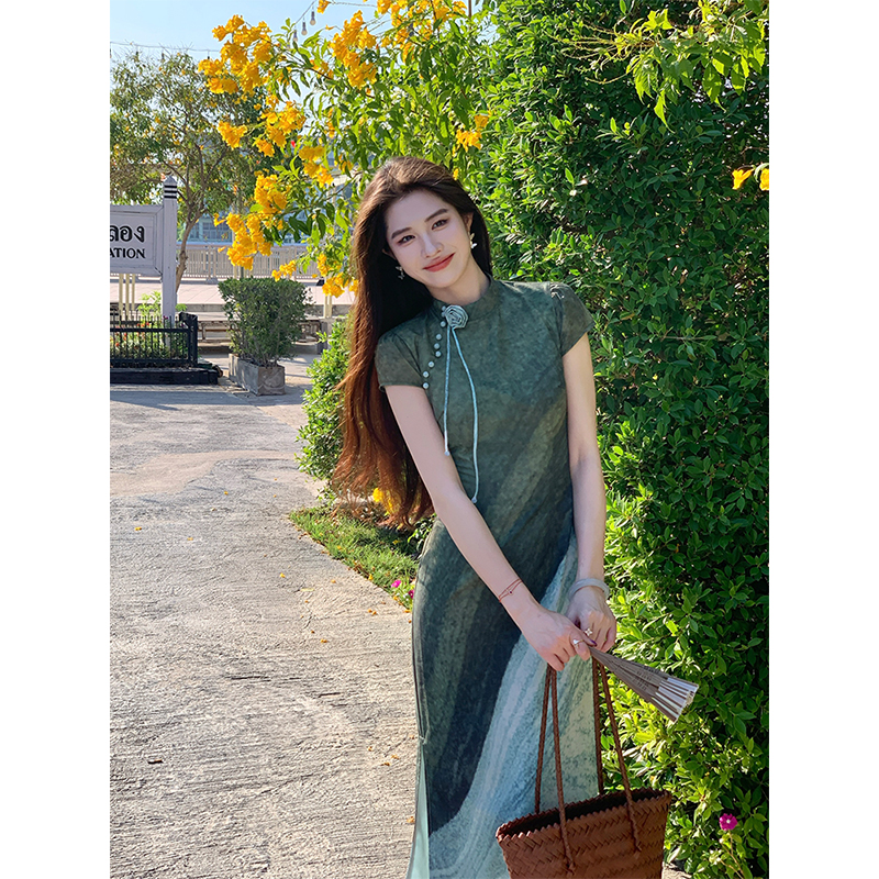 凌茜【疏疏篱落】新中式定位印花两侧开衩显瘦优雅修身旗袍连衣裙