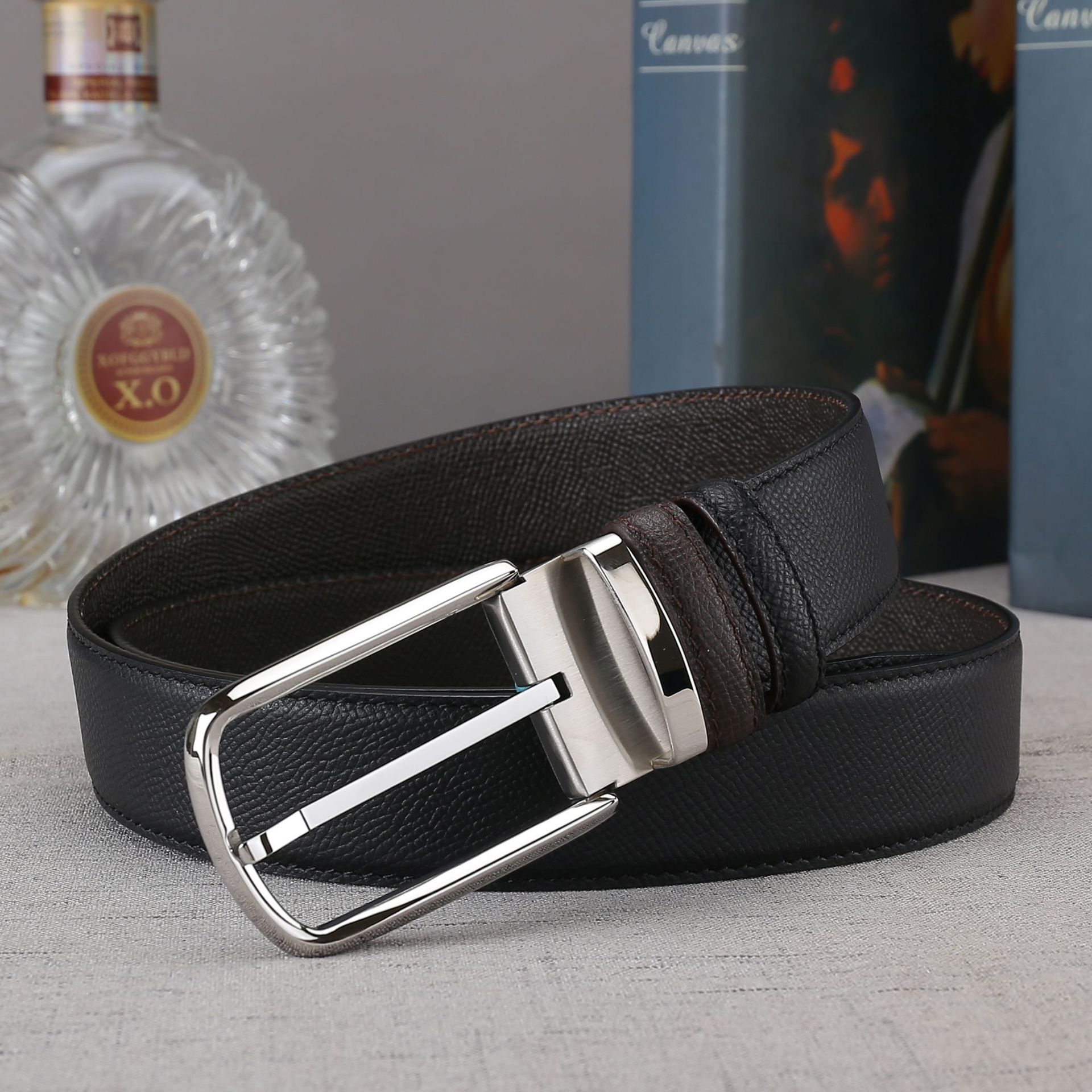 男士新款双面手掌纹头层牛皮腰带不锈钢针扣时尚皮带男真皮商务款