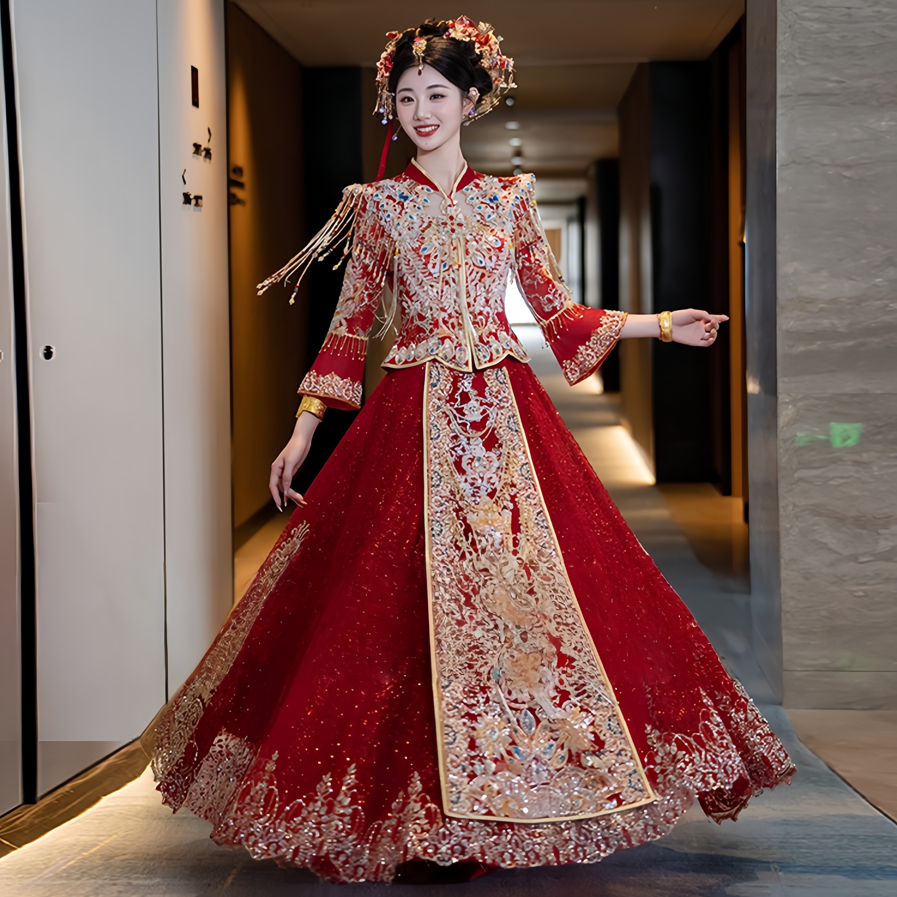 新中式红色婚纱高级重工新娘结婚秀禾服新款修身蕾丝镂空出阁嫁衣