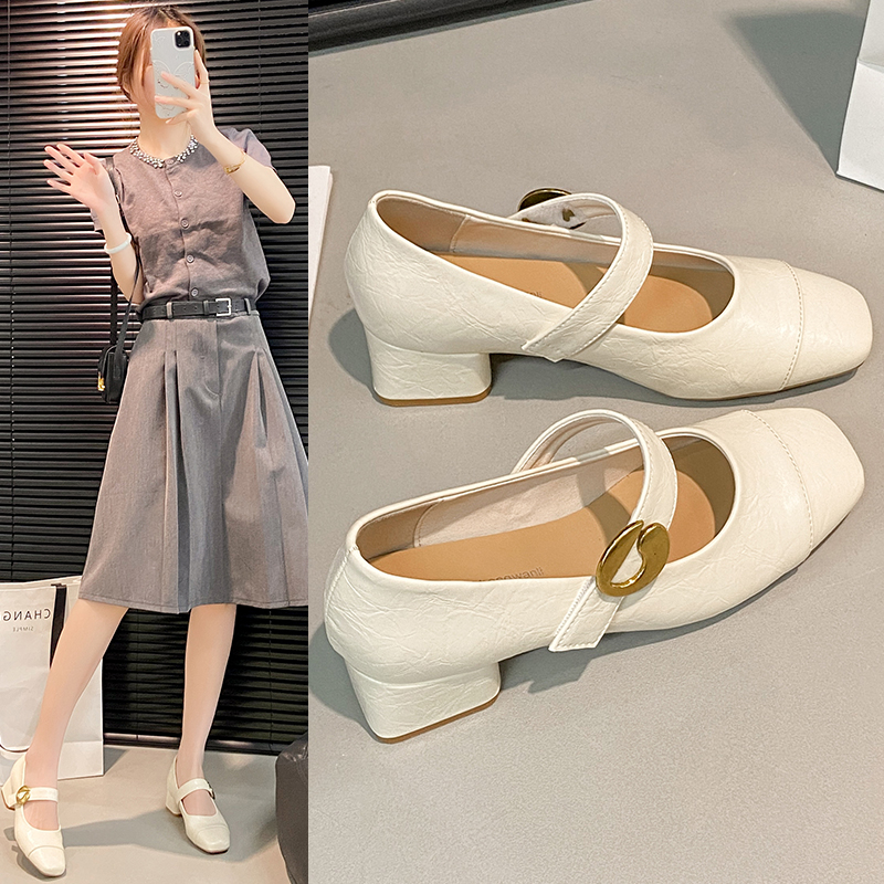 方头透气粗跟玛丽珍鞋乐福鞋单鞋中跟高跟复古浅口皮鞋春季