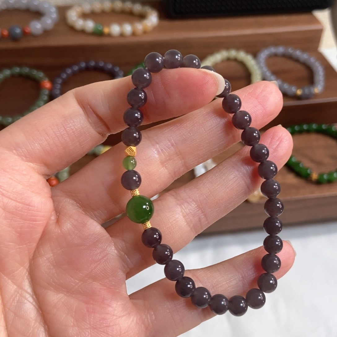 和田玉手链银S925镶嵌5.8mm深烟紫